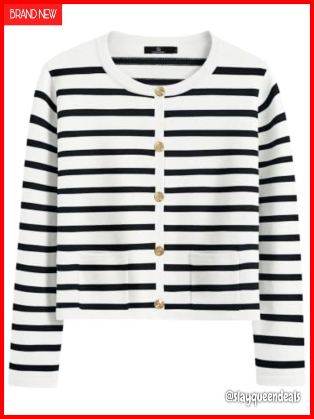 Lightweight Striped Button Front Cardigan Crewneck Knit Sweater